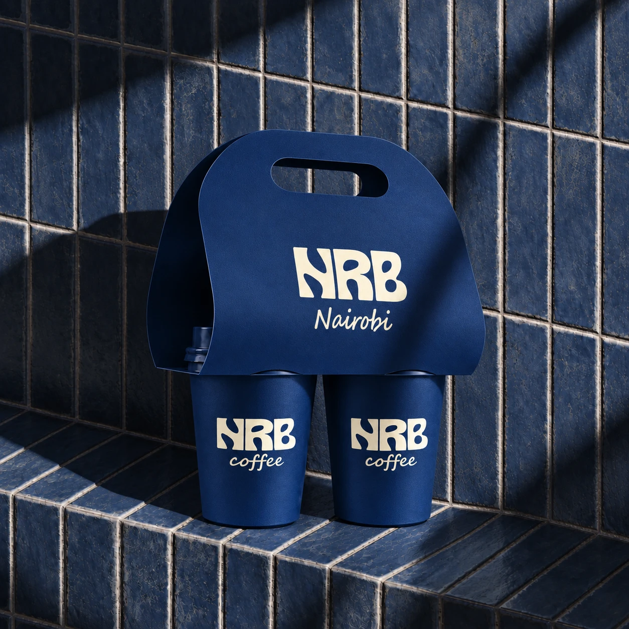 Coordinated navy NRB cup and carrier packaging concepts