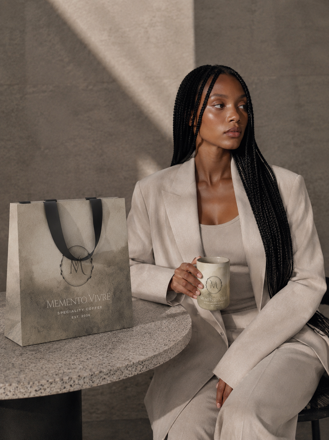 Model with Memento Vivre travel mug and bag