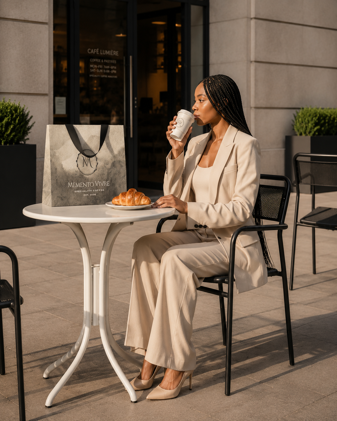 Editorial portrait — Café Lumière with Memento Vivre bag