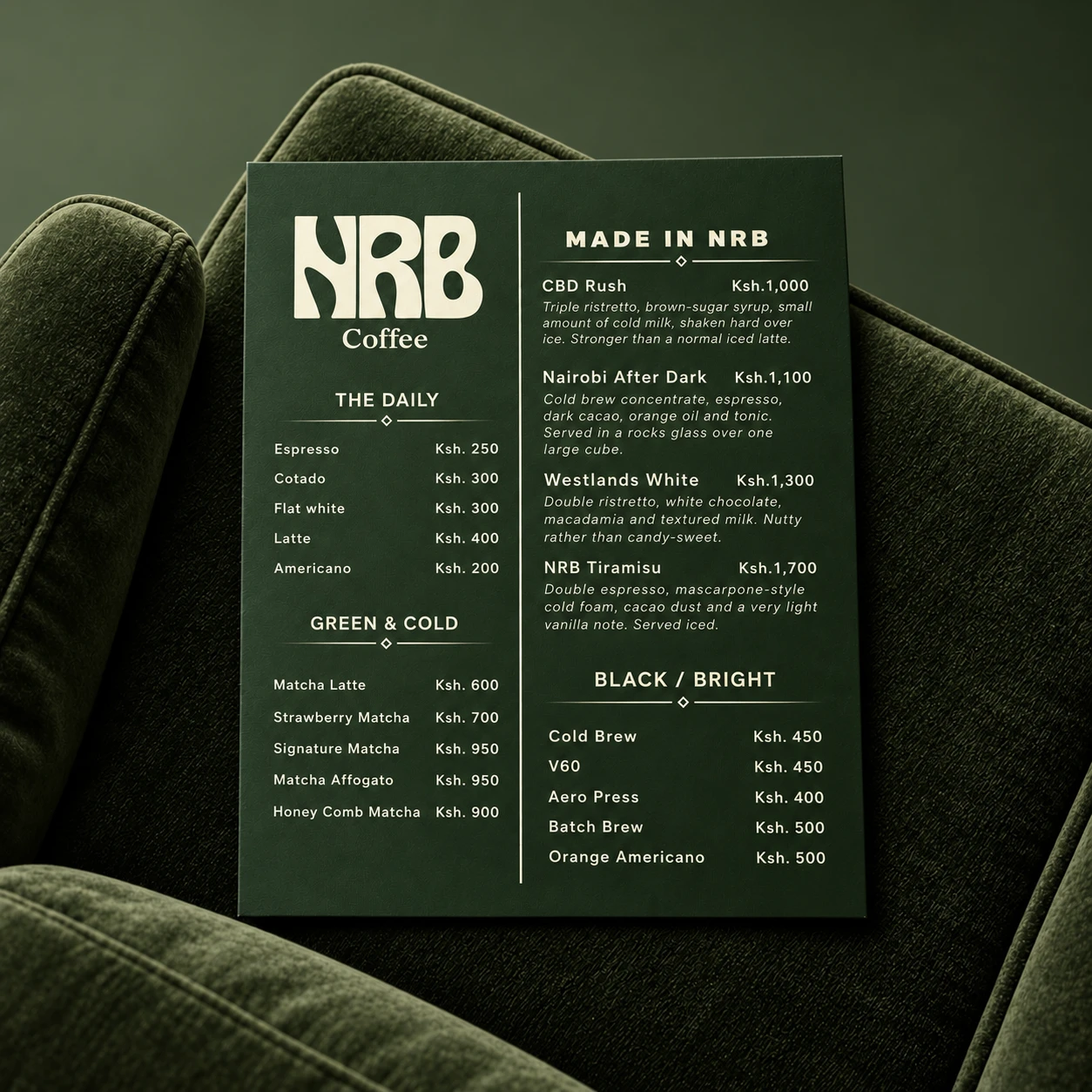 Olive NRB concept menu presented on green velvet