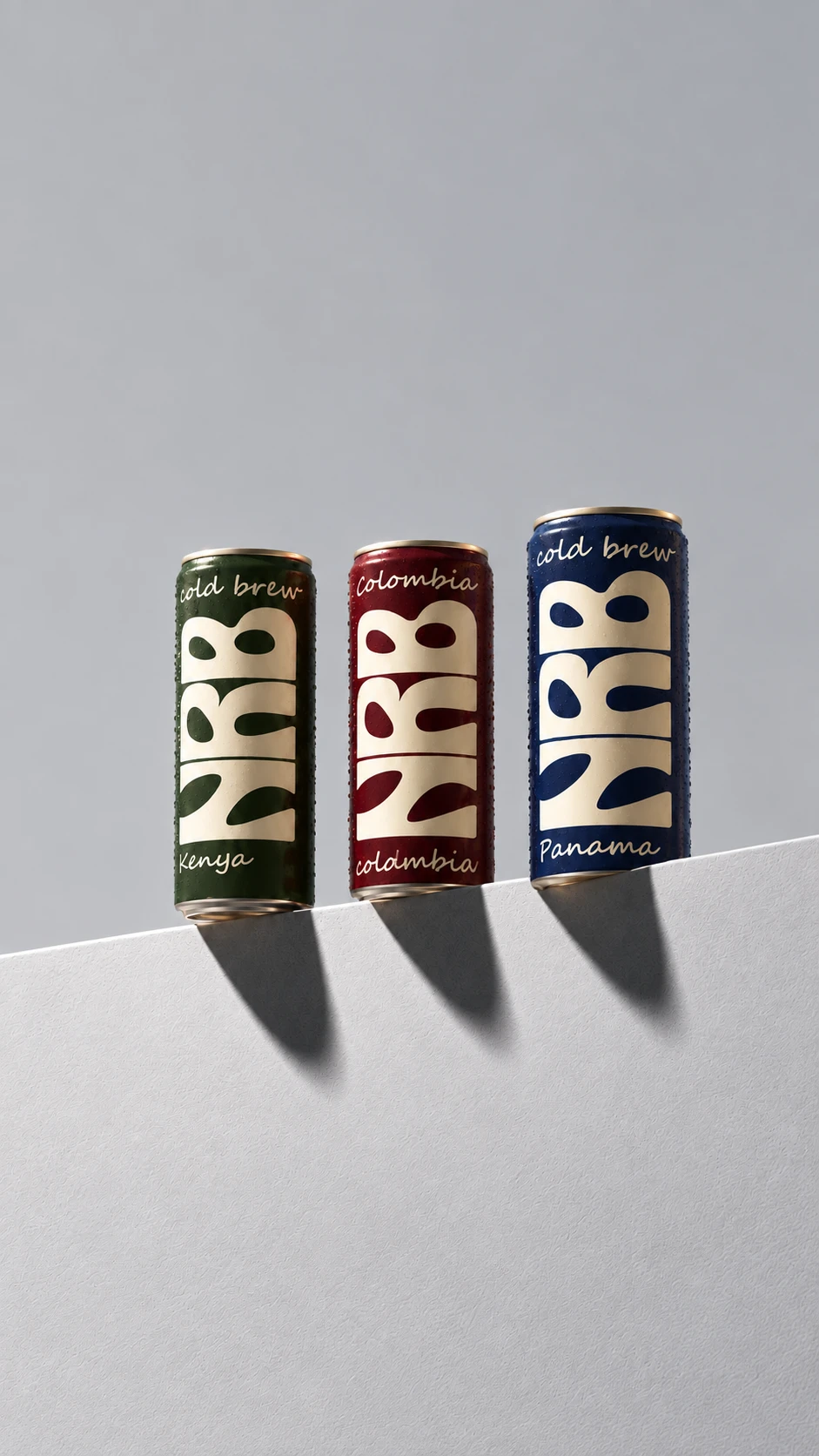 Three NRB cold brew can concepts in olive, burgundy and navy