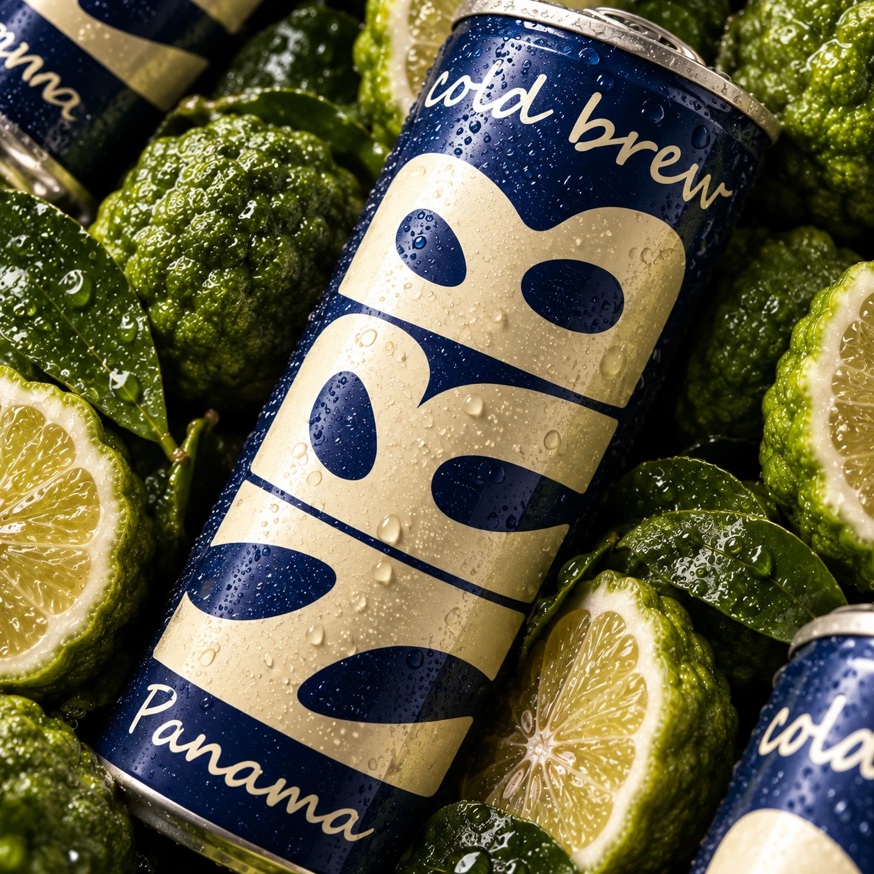 NRB cold brew cans with citrus and vivid green ingredient styling