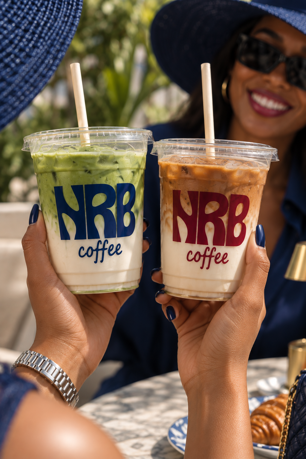 Iced matcha and iced coffee in NRB concept cups raised in a cheers — AI-assisted design mockup