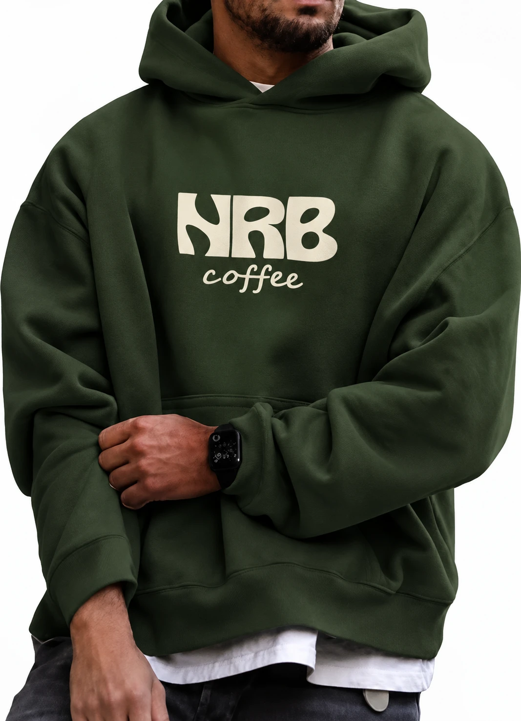 Olive hoodie concept with a cream NRB Coffee mark