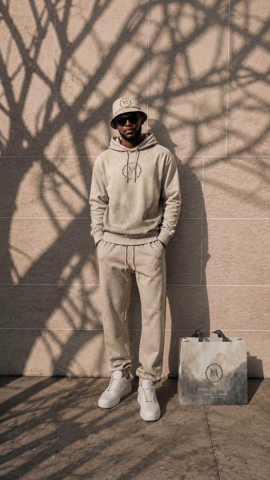Male model in Memento Vivre loungewear with bag