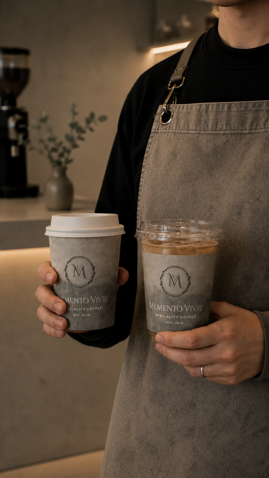 Barista holding hot and cold Memento Vivre cups