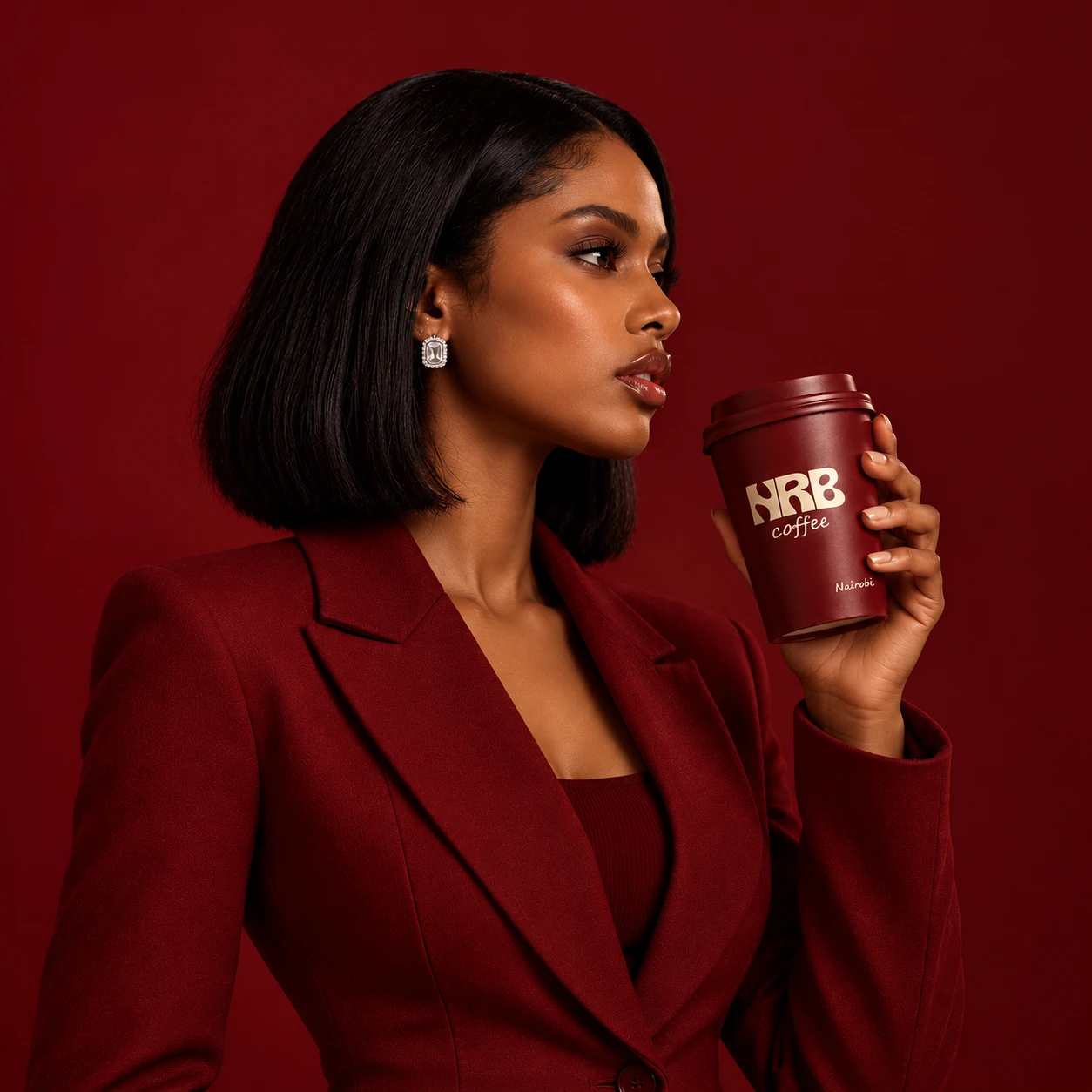 Burgundy editorial lifestyle concept with a model holding an NRB cup