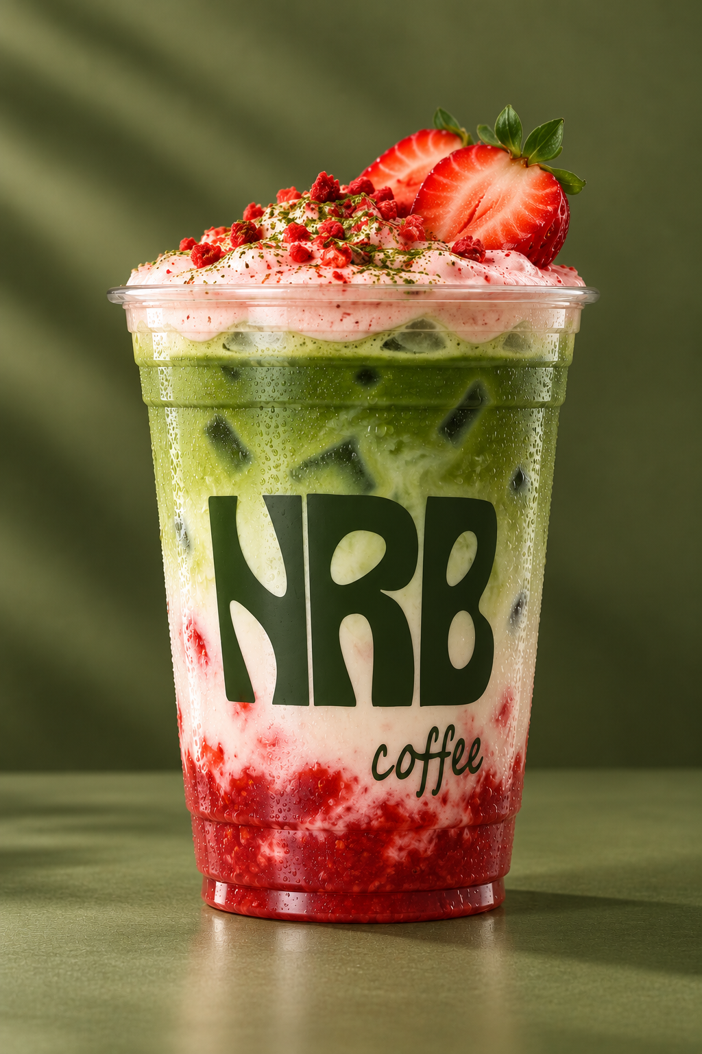 Iced strawberry matcha visual concept in an NRB-branded clear cup